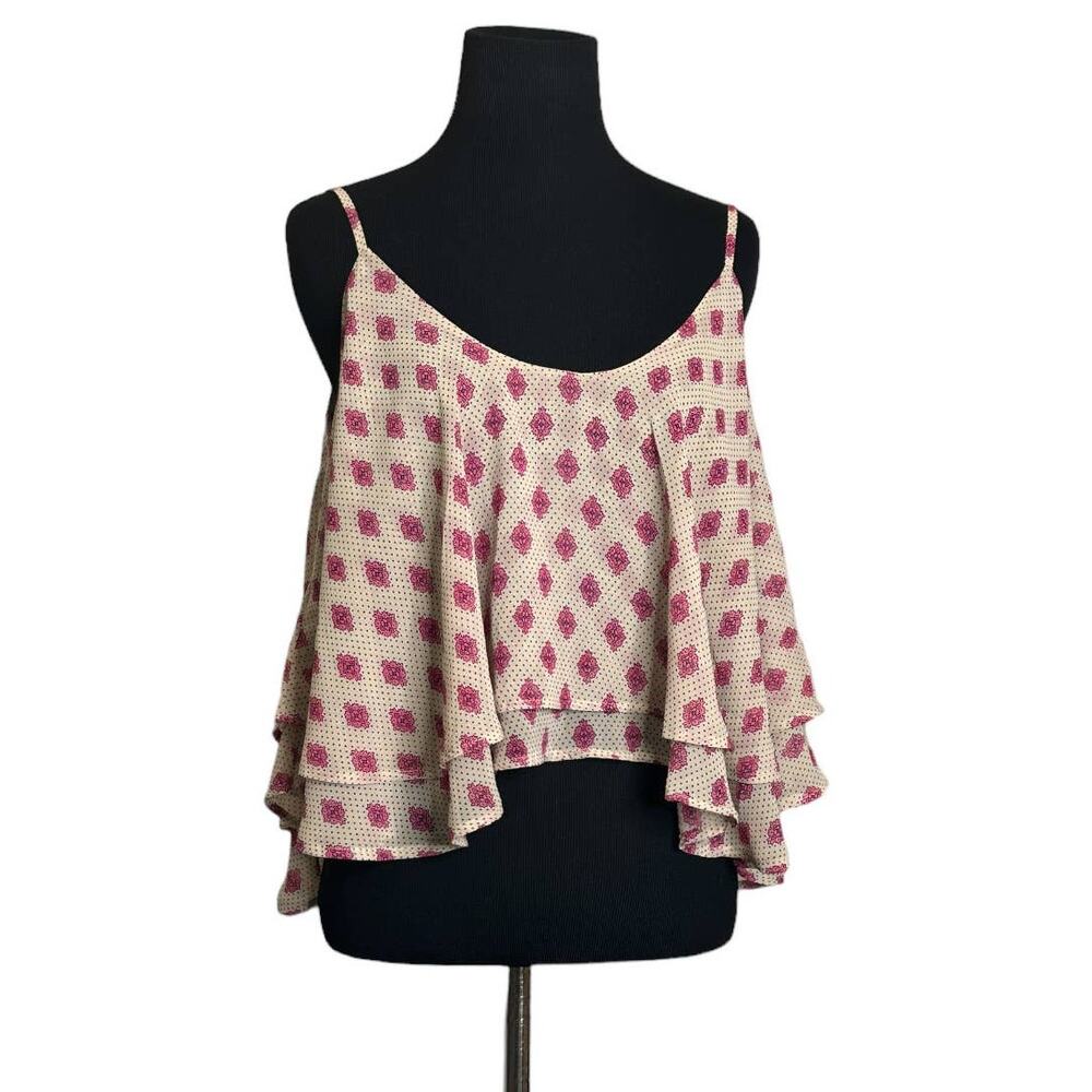 B. Jewel cream pink polka dots floral sleeveless crop layer top size small